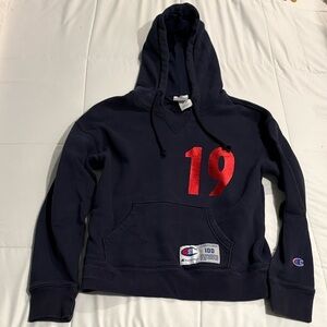 Champion Navy Hoodie with Red Graphic